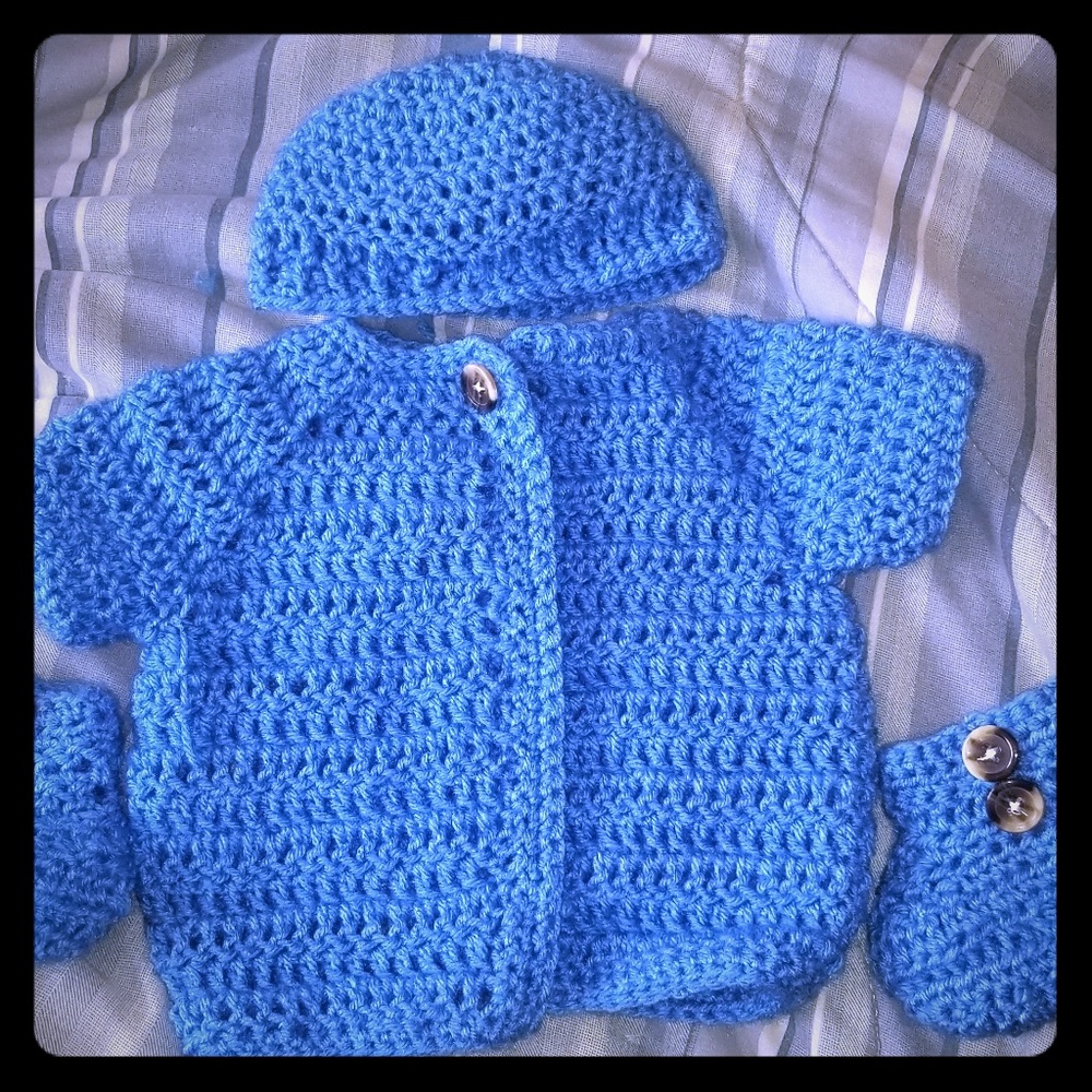 Boys 0-3 month hand crocheted outfit.